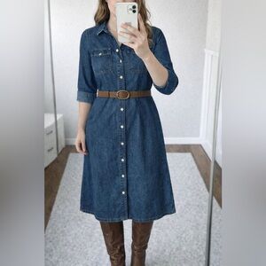 Vintage Denim Button-Up Shirt Dress Western Country Cottagecore‎ Pockets Preppy